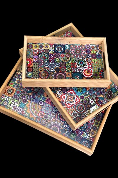 Umut Mixed Pattern Wooden 3-Piece Serving Presentation Tray Tea Coffee Presentation Tray Tea Tray