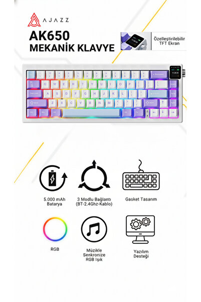 Ajazz AK650 TFT Ekranlı 3 Modlu Mekanik Oyun Klavyesi-5.000 Mah Batarya-Gaske...