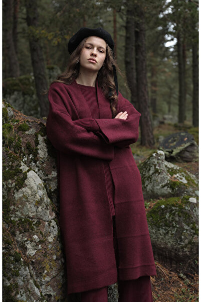 Fatma Atasoy Çelik Örme Pufik Bordo Triko Hırka