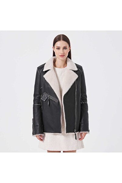 Tergan Siyah Hakiki Deri Kadın Kürk Mont - K23KKM320388-Q3H