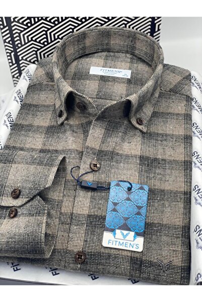 Fitmens Classic Long Sleeve Winter 100% Cotton Collared Buttoned Men's Shirt with Gift Box Fs-003135 - Brown