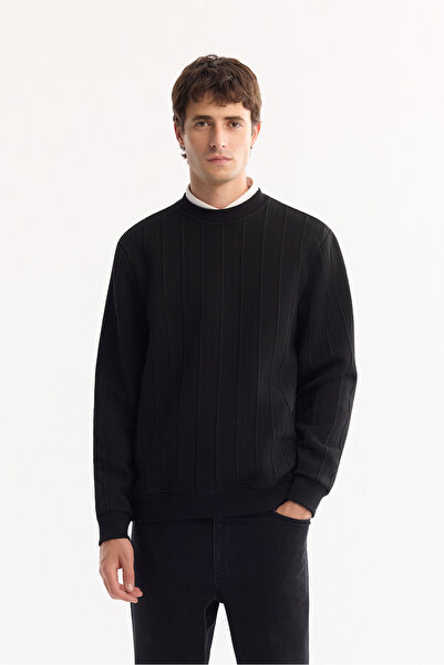 Avva Men's Black Crew Neck Striped Elastane Regular Fit Sweatshirt A52Y1218