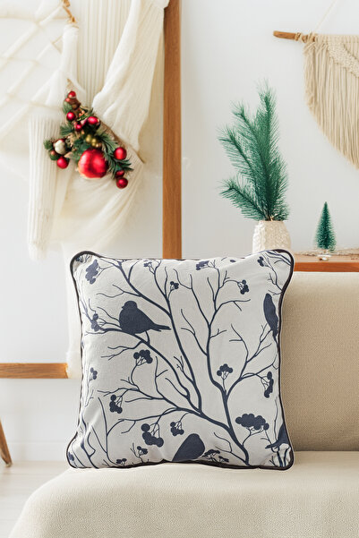 ASDİVA New Year's Christmas Themed Anthracite Cardinal Bird Patterned Anthracite Piped Decorative Throw Pillow Cover - Gray