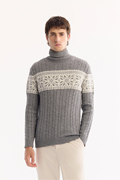 Avva Men's Gray Turtleneck Soft Touch Patterned Knitwear Regular Fit Sweater A52Y5072