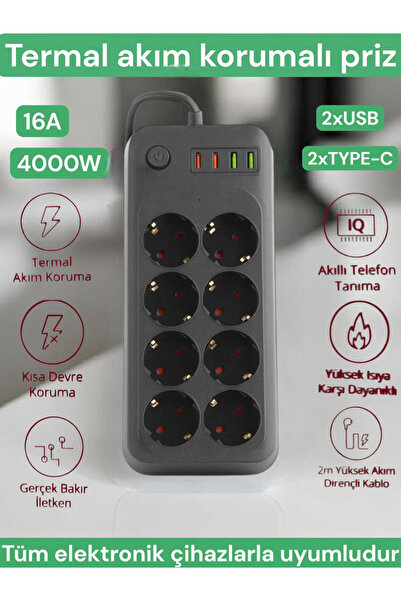 VATANYAPI Akım korumalı 8'li priz 2 metre uzatma kablolu, 2 type-c, 2 usb 16A-4000W