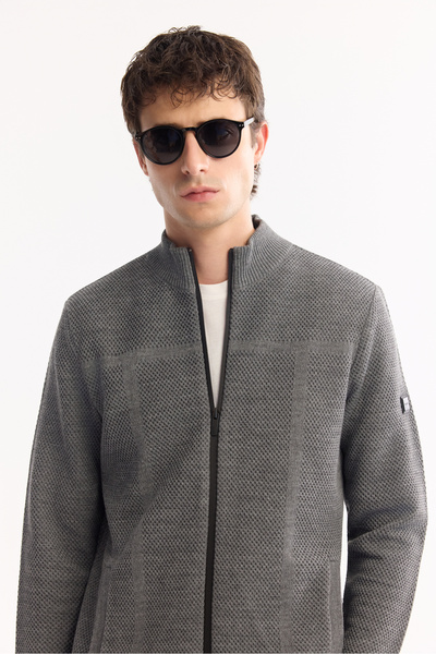 Avva Men's Anthracite Stand Collar Zippered Wool Blend Textured Regular Fit Cardigan A52Y5044