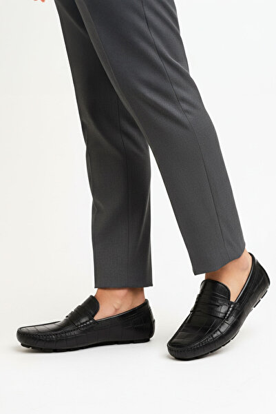 Deriderim Black Crocodile Patterned Genuine Leather Men's Shoes