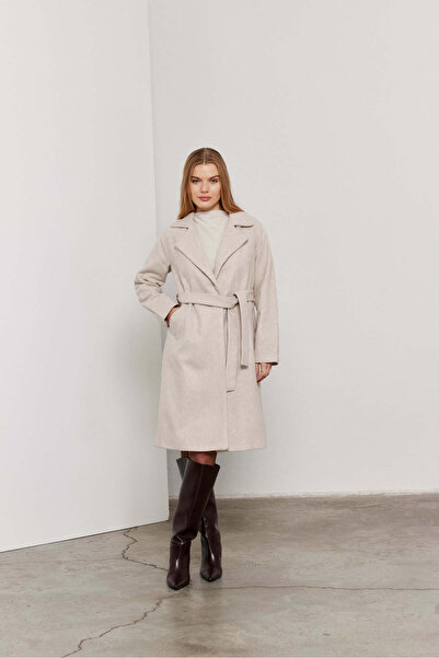 SevdeUgur Κρεμ Γυναικείο Παλτό Stamp - Ζώνες και Κουμπιά / Συλλογή