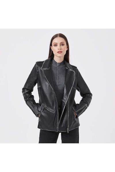 Tergan Siyah Hakiki Deri Kadın Hakiki Deri Mont - K23KDM320386-Q3H