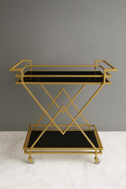 MERZANA Grandeur Metal Gold Servis Arabası, Siyah Cam Raflı Sunum Arabası