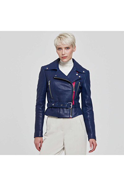 Tergan Mavi Hakiki Deri Kadın Hakiki Deri Biker Mont - K22KDM320292-R5X