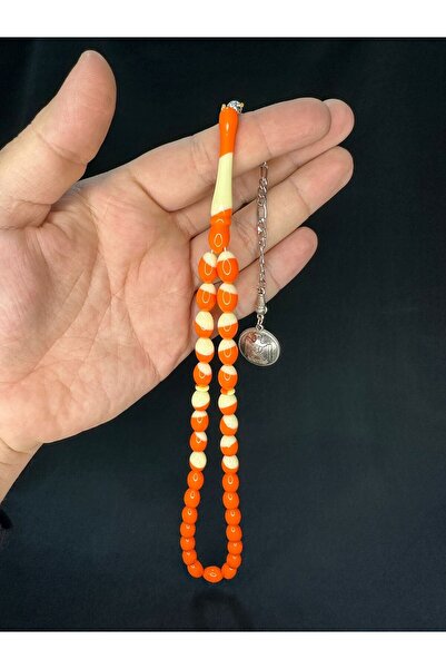 Anemore Collection TURUNCU BİLARDO TOPU BENZETME TOZ KEHRİBAR TESBİH BEYZİ KESİM 12X8MM T-698