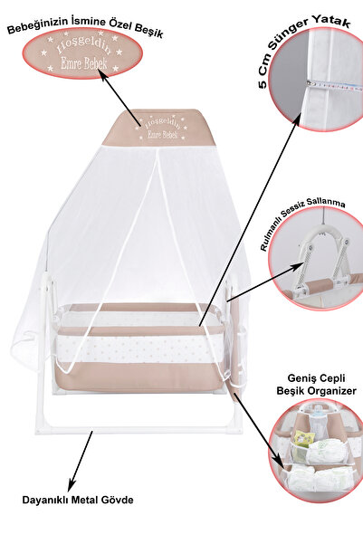 CHUBBY BABY İsme Özel Sallanır Beşik 5 cm Sünger Yataklı Organizerli Tüllü Ci...