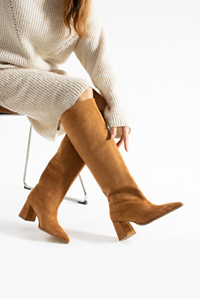 Bufu Süet Diz Altı Topuklu Kadın Çizme Kışlık Diz Altı Çizme