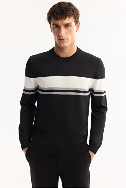 Avva Men's Black Crew Neck Striped Knitwear Regular Fit Sweater A52Y5034