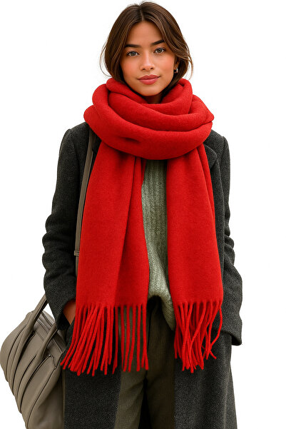 ZERAMİNE Eșarfă de iarnă cu ciucuri pentru femei |   Şal gros cu textura moale - Eşarfă moale Buklet - Model Pasta Roșu