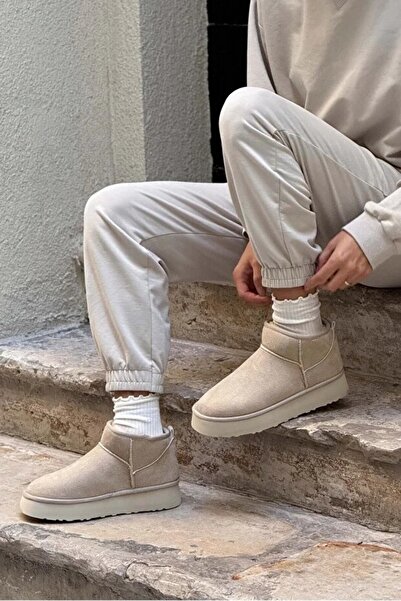 Ayakkabı Delisiyim Bağcıksız Içi Yünlü Kalın Tabanlı Bej Heribo Kadın Bot