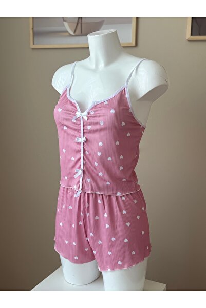 btm home Eyesof Women's Pink Heart Strap Shorts Pajamas Suit 5009