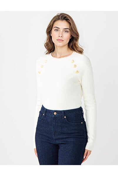 Jimmy Key Ekru Dar Kesim Bisiklet Yaka Metal Düğmeli Triko Kazak