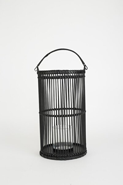 KANCAEV Fener,bambu Siyah,içi Cam Mumluklu, Küçük, Yük:25cm. Çap:16 Cm.