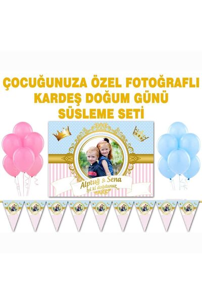 Sunligo Kardeş, Ikiz Doğum Günü Süsleme Seti Fotoğraflı Afiş, Flama, Balon