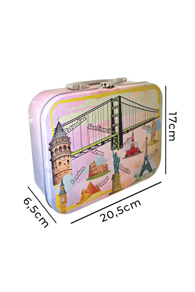 mystylee Dünya Metal Kutu | Kulplu Saklama Kutusu, Harita Desenli Metal Organizer 20,5x17x6,5 cm