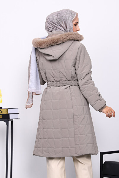 İmajButik Μακρύ πουπουλένιο παλτό με γούνα με κουκούλα βιζόν