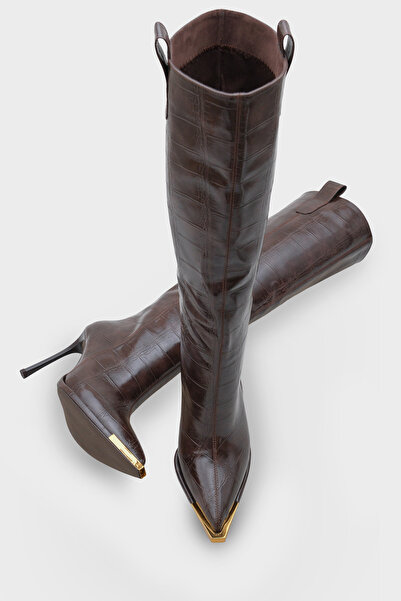 LOJO Dámské boty na podpatku s špičatou špičkou Crocodile Daily Boots Valaora Brown