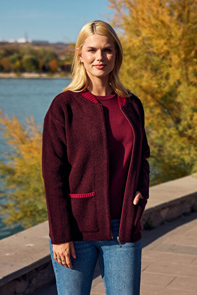 Sementa Wool Knit Jacket with Zipper Pocket Detail - Burgundy