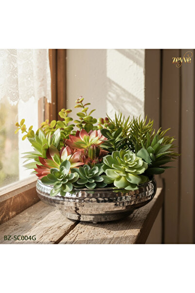 ZETT Yapay Çiçek Kaktüs Sukulent Aranjmanı Basık Metal Vazolu Karışık Model Sukulent