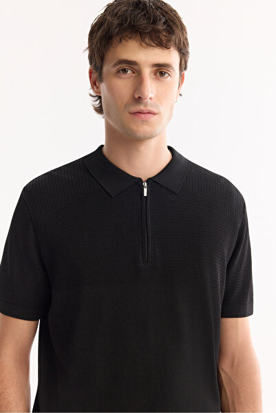 Avva Men's Black Polo Neck Zippered Rayon Non-Pilling Knitwear Regular Fit T-Shirt A52Y5006
