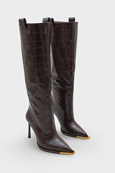 LOJO Dámské boty na podpatku s špičatou špičkou Crocodile Daily Boots Valaora Brown