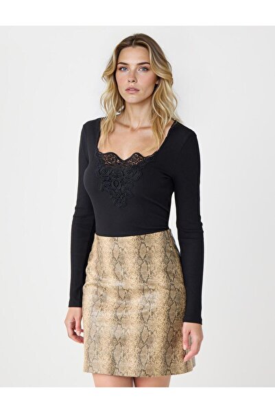 Jimmy Key Siyah Dar Kesim Kare Yaka Dantel Detaylı Örme Bluz