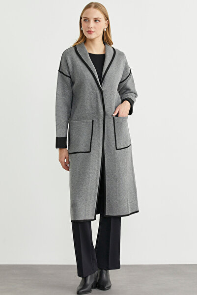 Sementa Shawl Collar Snap Fastener Long Knitwear Cardigan - Dark Gray - Black