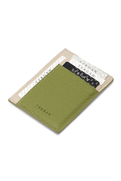Tergan Green-Beige Leather Unisex Credit Card Holder - S1Kk00001676-V1A