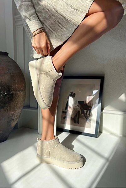 Ayakkabı Delisiyim Bağcıksız Içi Yünlü Kalın Tabanlı Bej Heribo Kadın Bot