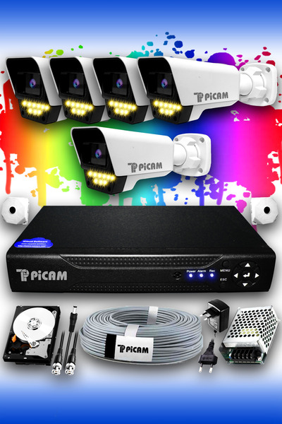 5 Kameralı Süper 5 Dış Kamera Set 320 GB 5 MP 2K Renkli Gece Görüşlü Güvenlik Kamerası Sistemi