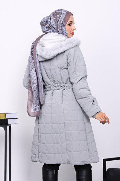 İmajButik Γκρι μακρύ πουπουλένιο παλτό με γούνα