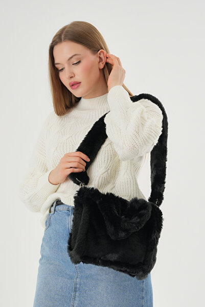 MUTE BAG Plush Bag - Black, Long Handle, Soft Fluffy, Cross Body - 24 Size : 18