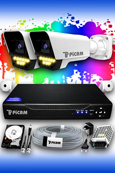 Picam 2 Kameralı Süper 2 Dış Kamera Set 100 GB 5 MP 2K Renkli Gece Görüşlü Gü...