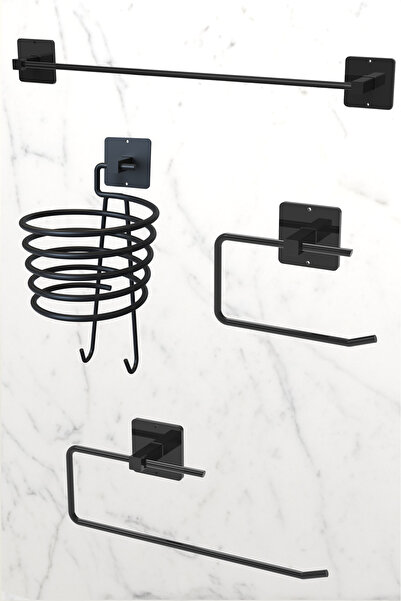 KARTEYA Yapışkanlı 4 lü Siyah Fön Makinesi Askısı Havlu Askısı Wc Tuvalet Kağ...