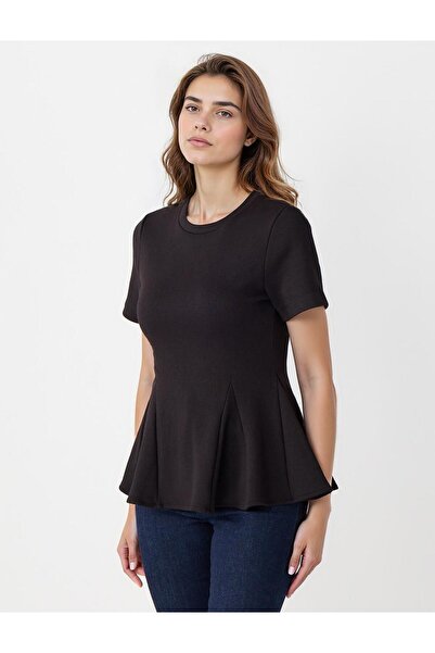 Jimmy Key Bluză neagră guler rotund cu mâneci scurte și volan din material subțire