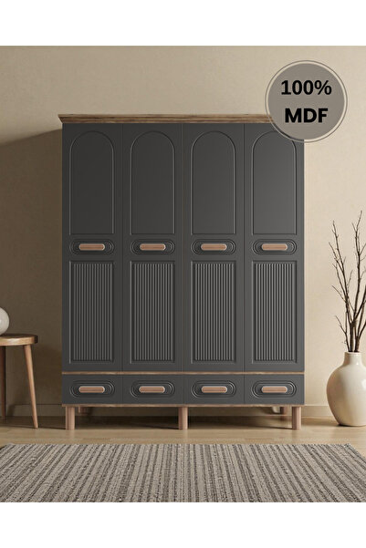 Home Comiet Perry 4 Kapaklı Mdf Çekmeceli Antrasit Gardırop