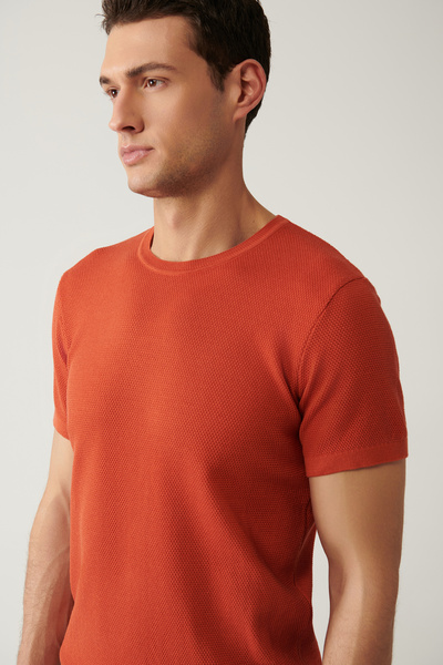 Avva Ανδρικό πορτοκαλί πλεκτό μπλουζάκι με λαιμόκοψη E005027