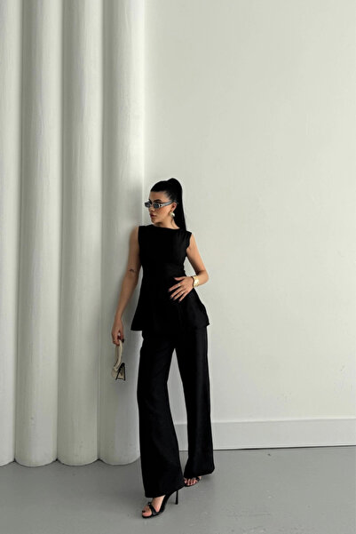 POLEXP Gl00My the Elegance of Summer Nights: Black Jacquard Linen Sleeveless Set