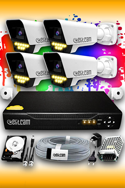 Elitcam 4 Kameralı Süper 4 Dış Kamera Set 250 GB 5 MP 2K Renkli Gece Görüşlü ...