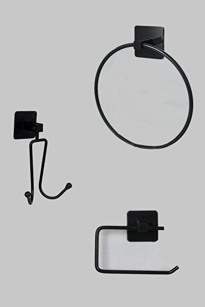 KARTEYA Yapışkanlı Siyah Yuvarlak Havluluk Wc Kağıtlık ve 2 Kancalı Askılık B...