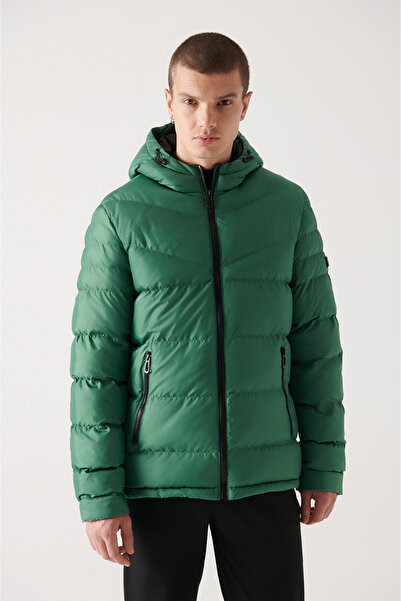 Avva Men's Green Hooded Water Repellent Fabric Puffer Jacket E006011