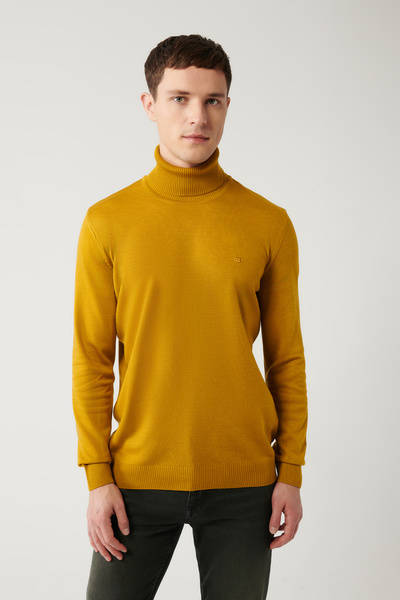 Avva Men's Mustard Full Turtleneck Non-Pilling Sweater E 005002
