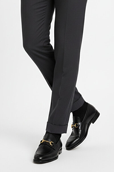 Deriderim Μαύρα ανδρικά παπούτσια από γνήσιο δέρμα Loafer με χρυσή αγκράφα